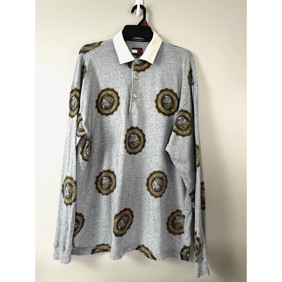 Tommy Hilfiger VTG Crest Print Polo Shirt L Long Sleeve Preppy Y2K Streetwear - Picture 1 of 7
